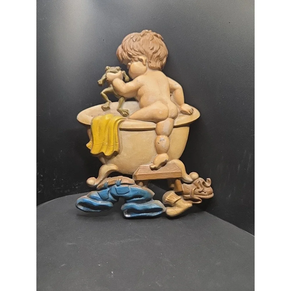 Vintage‎ Sexton 1975 Boy And Frog In Bathtub Cast Metal Wall Plaque Handpainted